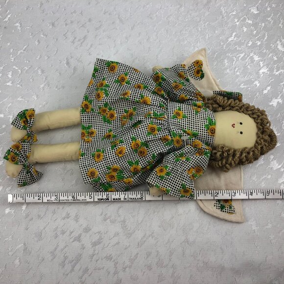 Vintage Cloth Doll Angel Dressed in Checkered and Sunflower Dress with Bows 16” - Picture 14 of 14
